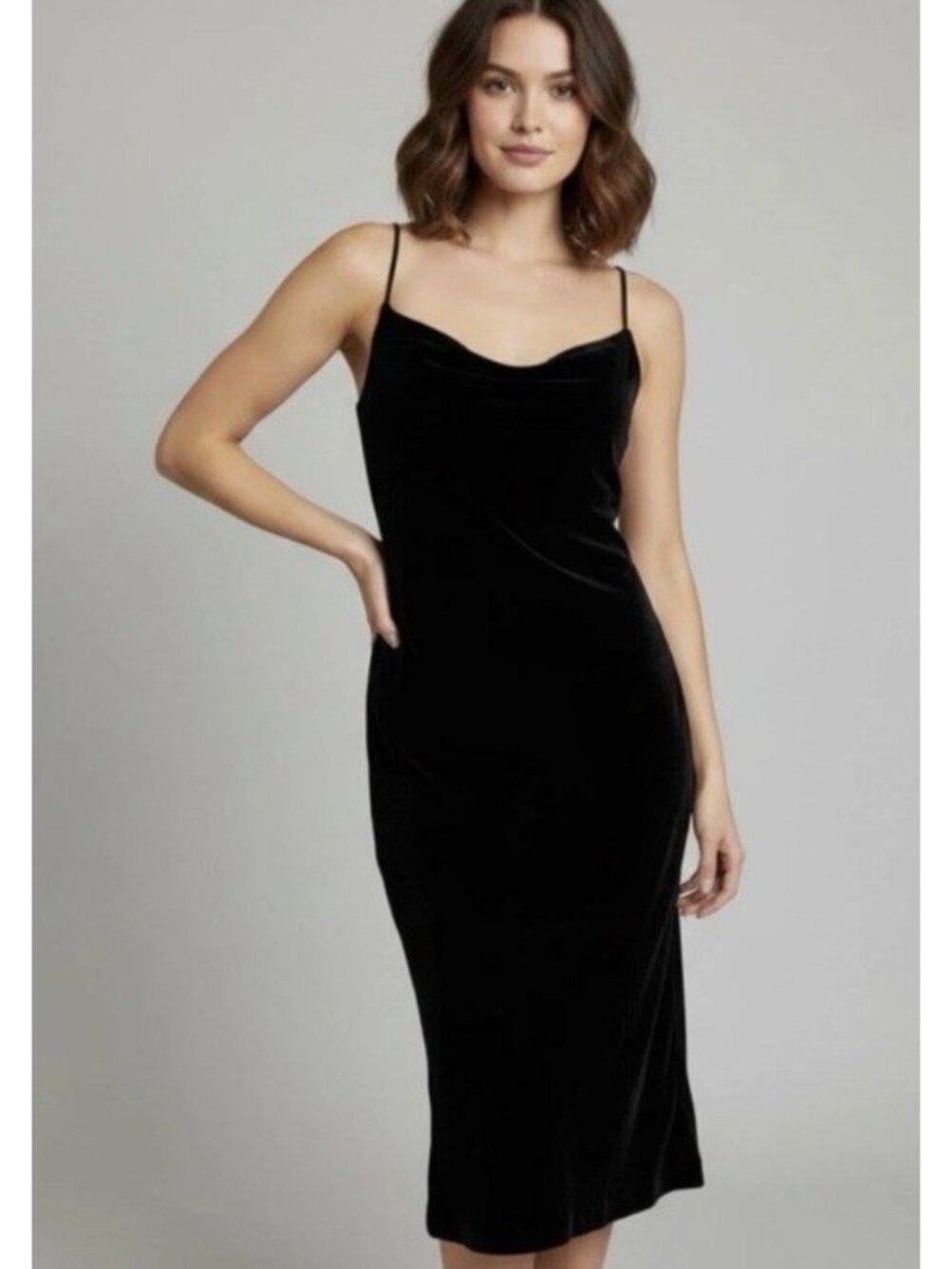 Banana Republic Black Velvet Slip Dress Sz 8 Midi Sleeveless Cowl Neck Evening